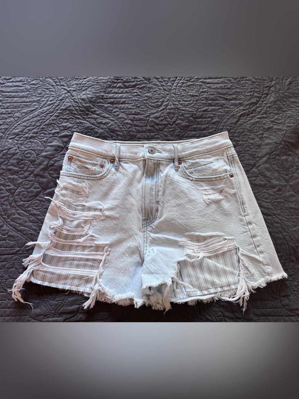 American Eagle Outfitters Light Wash Distressed Denim Shorts with Striped Patch